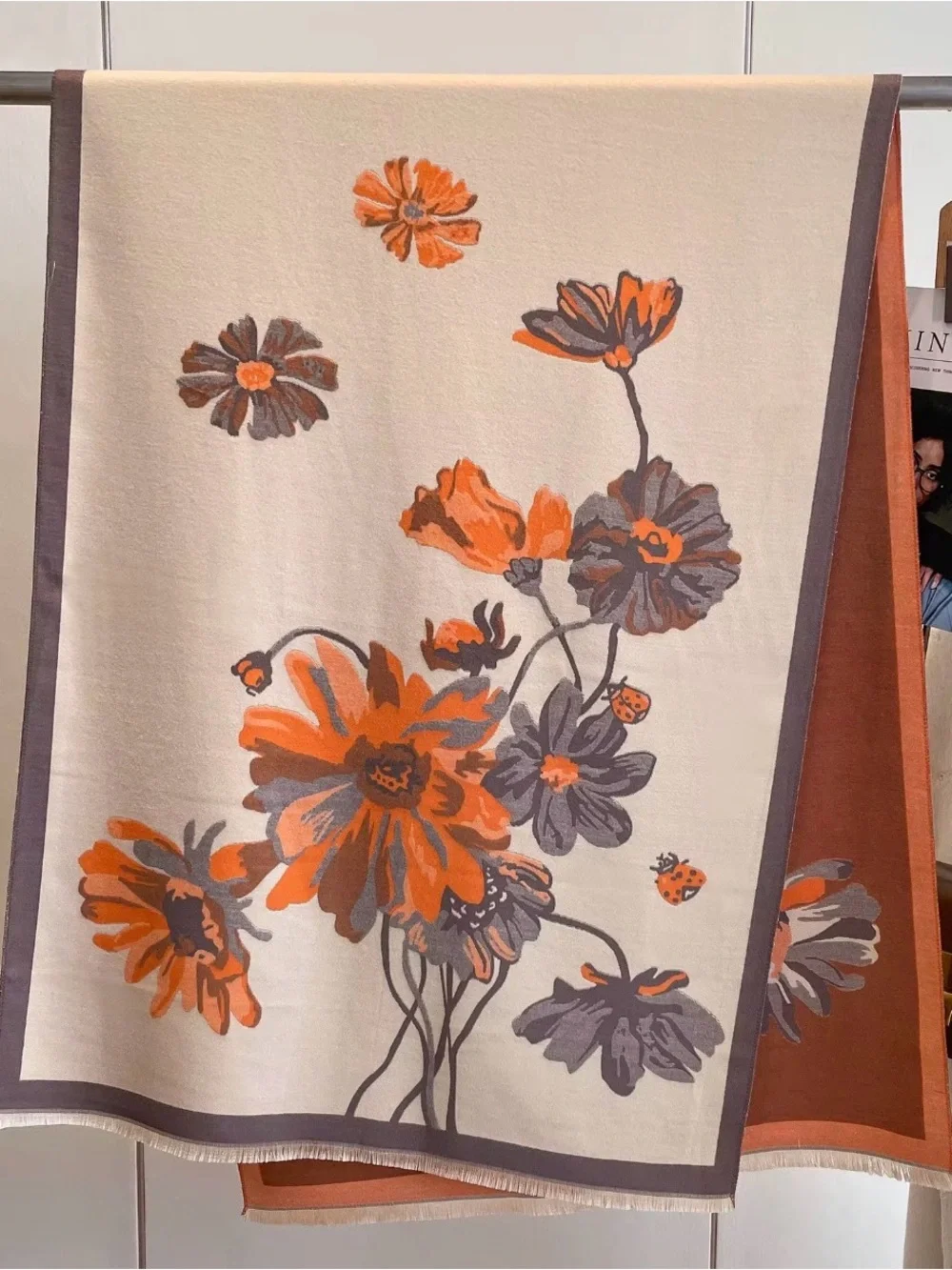 Luxury Floral Print cashmere wool blend Women's Scarf in Cream and Coral